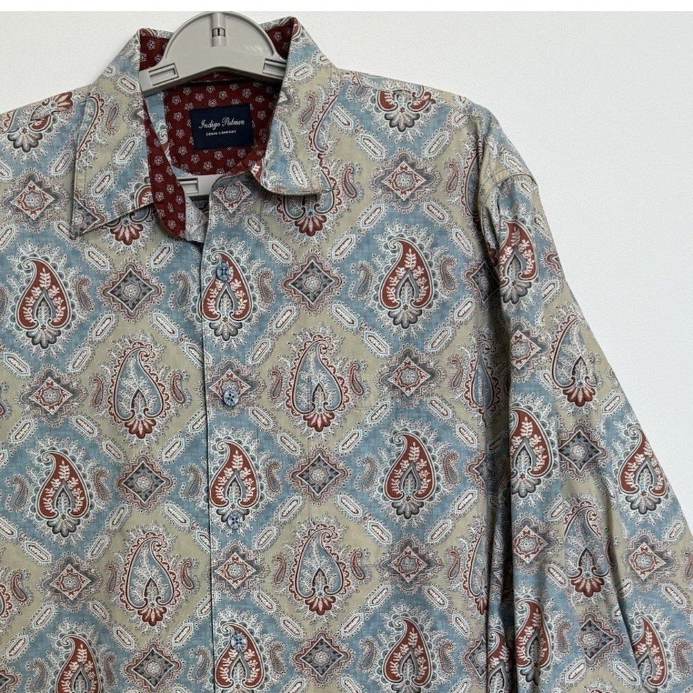Indigo Palms Shirt Mens Large Maroon Blue Khaki Button Down Cotton Paisley - Picture 1 of 8